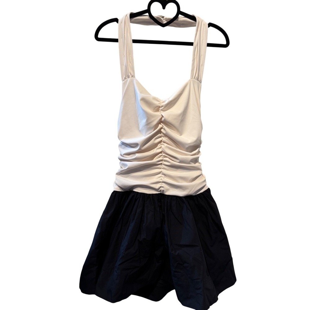 Maeve Anthropologie Halter Ruched Bubble Hem Dress‎ Cream Black Large NEW (E) - Picture 2 of 9